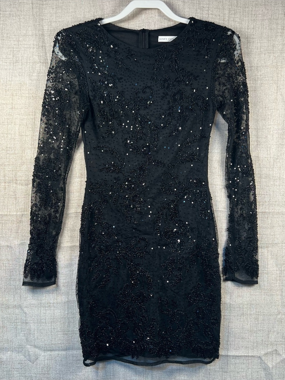 Altard State Dress Sheer Long Sleeve Beaded Sequin Black Party Mini Women's XS
